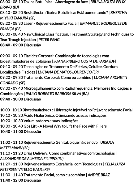 08:00 - 08:10 Toxina Botulínica - Abordagem da face | BRUNA SOUZA FELIX BRAVO (RJ) 08:10 - 08:20 Resistência a Toxina...
